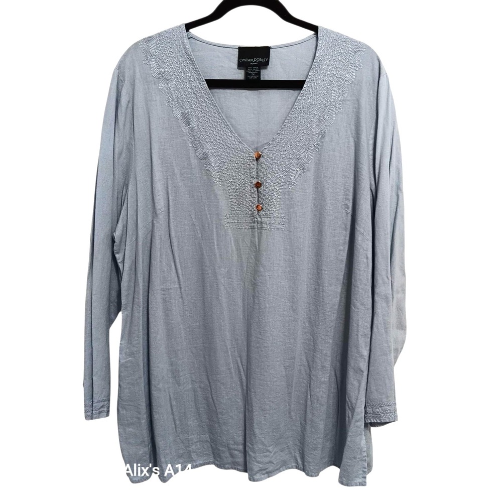 Cynthia Rowley Women's Top 2X Blue Linen Blend Blouse Long Sleeve